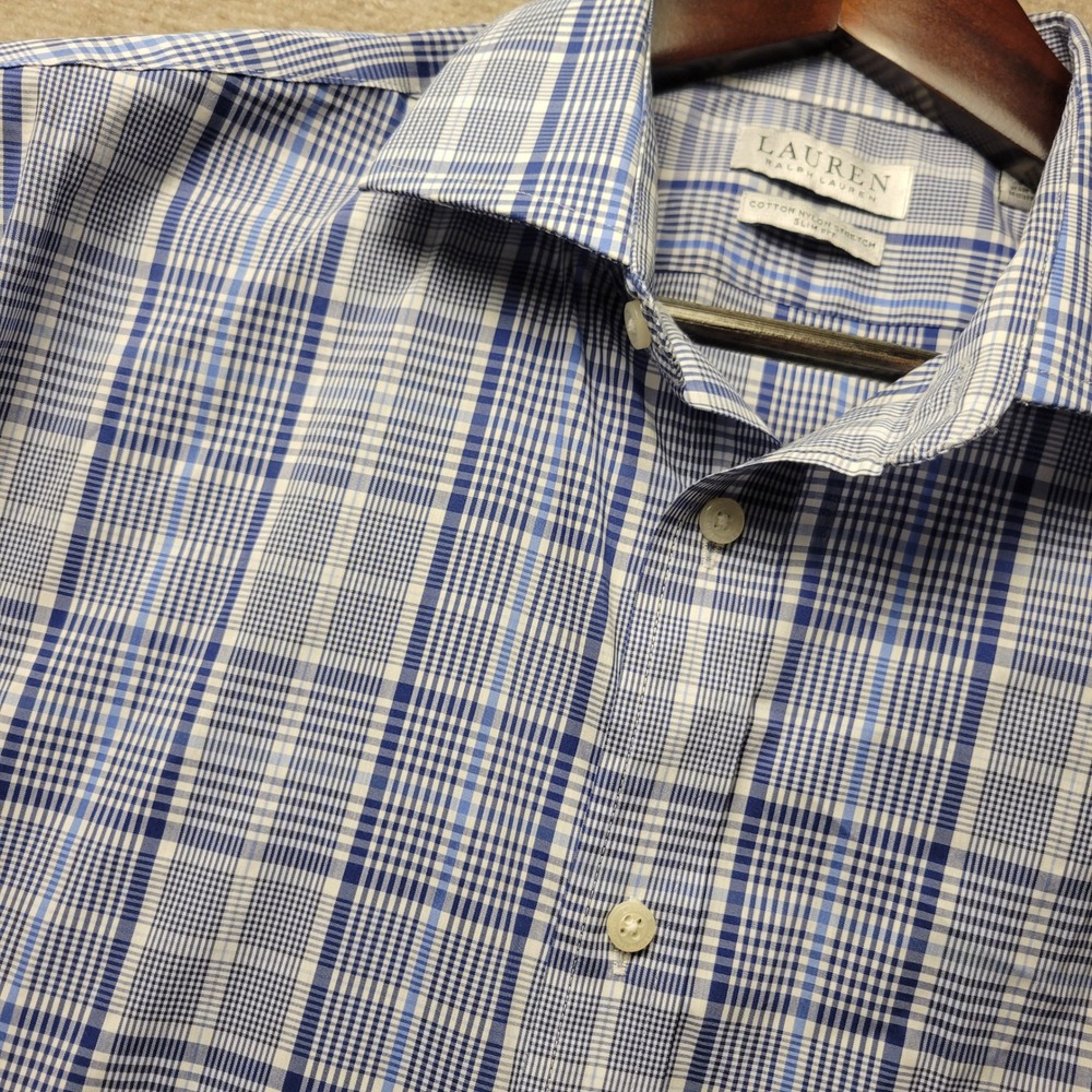 Lauren Ralph Lauren Dress Shirt Mens XL Blue White Plaid Slim Fit Cotton Stretch